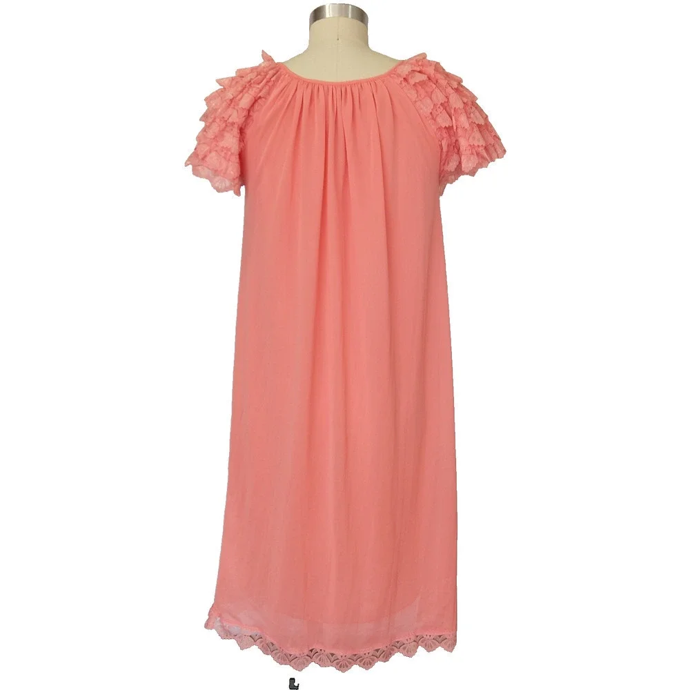 Vintage 60s Pink Nightgown Size S Ruffles Nylon Short Sleeve Lingerie Coquette